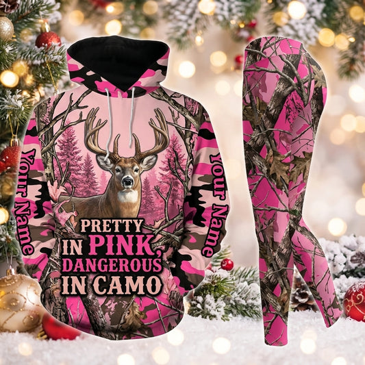 Maxcorners Combo Hunting Pretty In Pink Dangerous In Camo Buck Deer Forest Pink Camo Personalized Name 3D Hoodie Leggings Combo Set