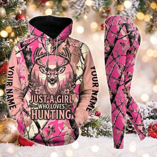 Maxcorners Combo Hunting Just A Girl Who Loves Hunting Buck Deer Pink Camo Floral Sunset Personalized Name 3D Hoodie Leggings Combo Set