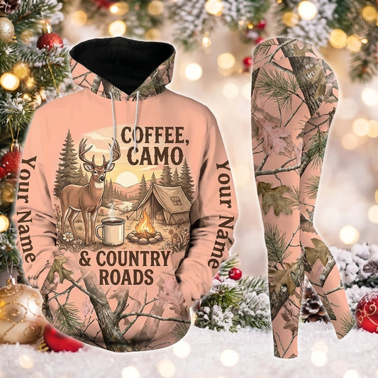 Maxcorners Combo Hunting Coffee Camo & Country Roads Buck Deer Camping Campfire Pink Camo Personalized Name 3D Hoodie Leggings Combo Set