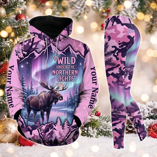 Maxcorners Combo Hunting Wild Under The Northern Lights Moose Mountains Aurora Pink Purple Camo Personalized Name 3D Hoodie Leggings Combo Set