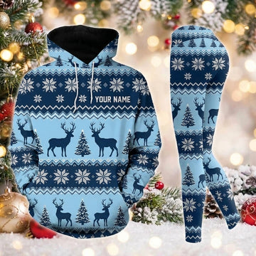 Maxcorners Combo Hunting Blue White Fair Isle Reindeer Snowflake Knitted Ugly Christmas Pattern Personalized Name 3D Hoodie Leggings Combo Set