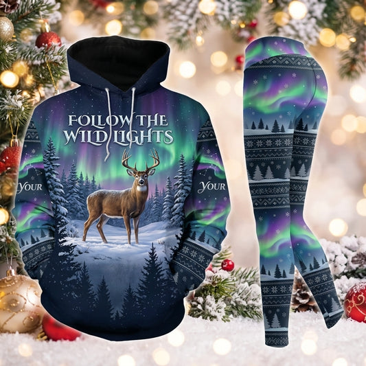 Maxcorners Combo Hunting Follow The Wild Lights Buck Deer Northern Lights Aurora Snow Forest Personalized Name 3D Hoodie Leggings Combo Set