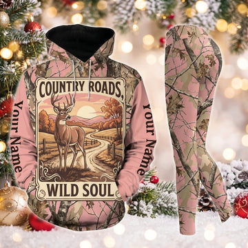 Maxcorners Combo Hunting Country Roads Wild Soul Buck Deer Sunset Countryside Fence Pink Camo Personalized Name 3D Hoodie Leggings Combo Set