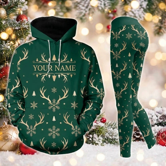 Maxcorners Combo Hunting Golden Antlers Snowflakes Pine Trees Green Christmas Pattern Personalized Name 3D Hoodie Leggings Combo Set