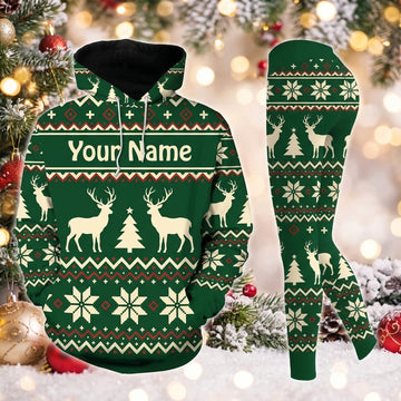 Maxcorners Combo Hunting Green White Fair Isle Reindeer Snowflake Pine Tree Ugly Christmas Sweater Pattern Personalized Name 3D Hoodie Leggings Combo Set