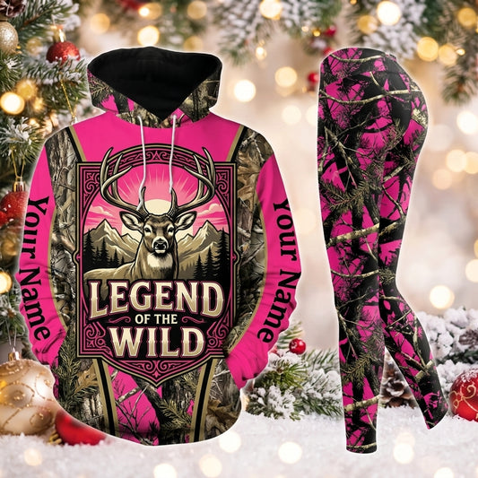 Maxcorners Combo Hunting Legend Of The Wild Buck Deer Mountains Sunset Pink Camo Personalized Name 3D Hoodie Leggings Combo Set