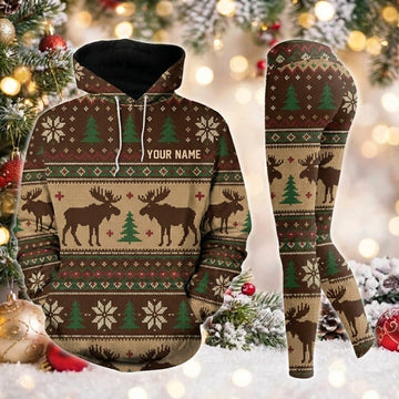Maxcorners Combo Hunting Brown Fair Isle Moose Pine Tree Knitted Ugly Christmas Pattern Personalized Name 3D Hoodie Leggings Combo Set