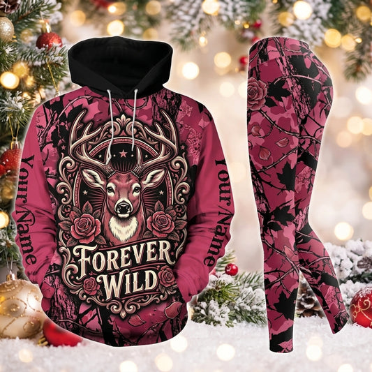 Maxcorners Combo Hunting Forever Wild Deer Roses Vintage Ornament Frame Magenta Pink Camo Personalized Name 3D Hoodie Leggings Combo Set