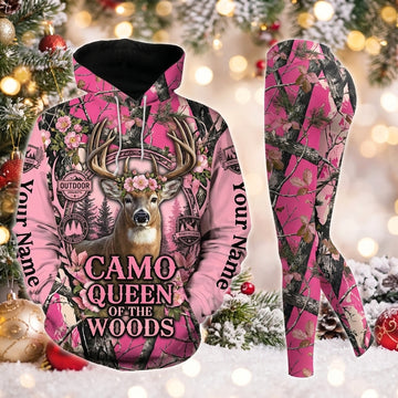 Maxcorners Combo Hunting Camo Queen Of The Woods Buck Deer Floral Crown Badges Pink Camo Personalized Name 3D Hoodie Leggings Combo Set