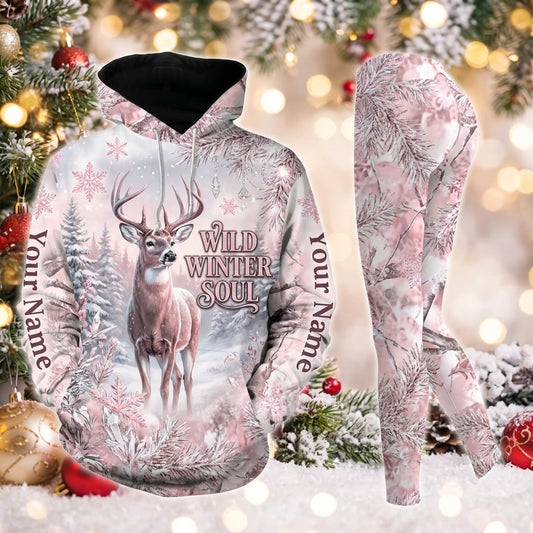 Maxcorners Combo Hunting Wild Winter Soul Whitetail Deer Snow Crystals Pink Snow Camo Personalized Name 3D Hoodie Leggings Combo Set