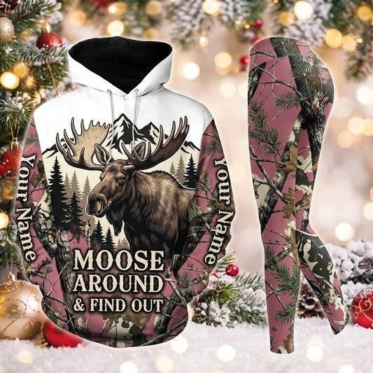 Maxcorners Combo Hunting Moose Around & Find Out Bull Moose Mountains Forest Pink Camo Personalized Name 3D Hoodie Leggings Combo Set