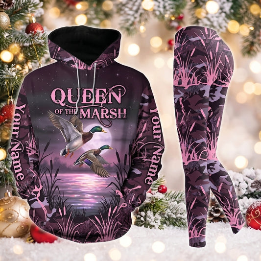Maxcorners Combo Hunting Queen Of The Marsh Flying Mallard Ducks Marsh Reeds Pink Camo Personalized Name 3D Hoodie Leggings Combo Set