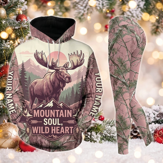 Maxcorners Combo Hunting Mountain Soul Wild Heart Bull Moose Sunset Pine Forest Pink Camo Personalized Name 3D Hoodie Leggings Combo Set