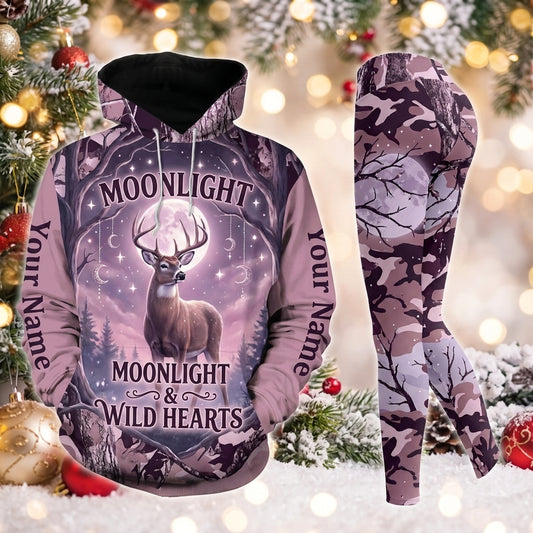 Maxcorners Combo Hunting Moonlight & Wild Hearts Buck Deer Full Moon Forest Night Pink Camo Personalized Name 3D Hoodie Leggings Combo Set