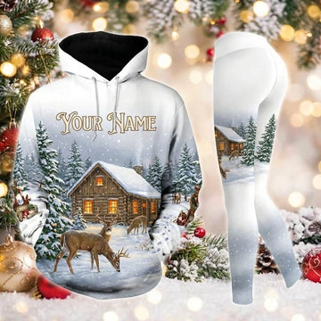 Maxcorners Combo Hunting Winter Cabin Whitetail Deer Snowy Forest Christmas Landscape Personalized Name 3D Hoodie Leggings Combo Set