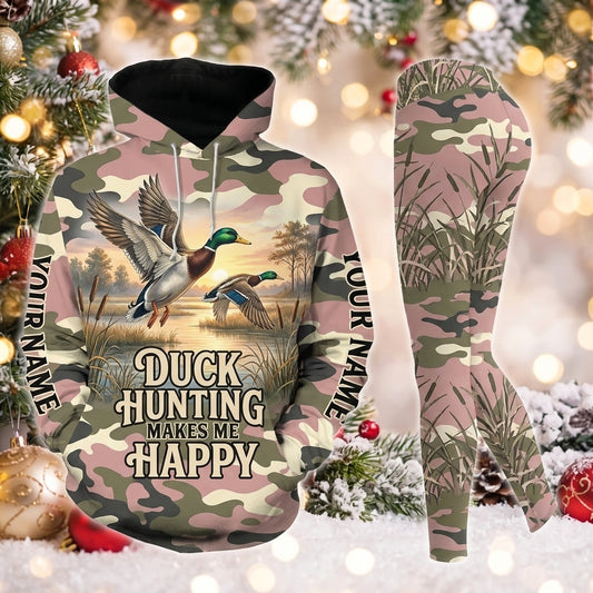 Maxcorners Combo Hunting Duck Hunting Makes Me Happy Flying Mallard Ducks Marsh Reeds Woodland Camo Personalized Name 3D Hoodie Leggings Combo Set