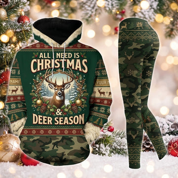 Maxcorners Combo Hunting All I Need Is Christmas And Deer Season Buck Wreath Camo Personalized Name 3D Hoodie Leggings Combo Set