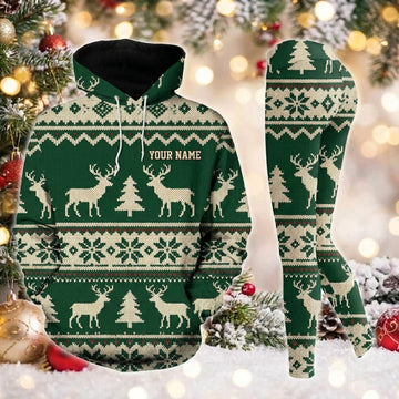 Maxcorners Combo Hunting Green Beige Fair Isle Reindeer Snowflake Knitted Ugly Christmas Pattern Personalized Name 3D Hoodie Leggings Combo Set