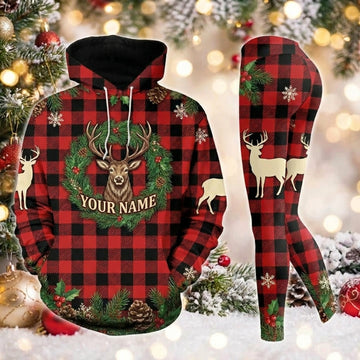 Maxcorners Combo Hunting Buck Deer Christmas Wreath Red Black Plaid Buffalo Check Snowflakes Personalized Name 3D Hoodie Leggings Combo Set