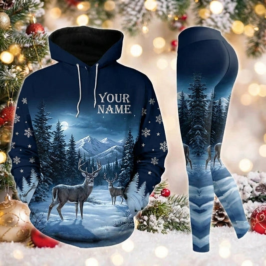 Maxcorners Combo Hunting Buck Deer Snow Forest Mountains Full Moon Night Snowflakes Personalized Name 3D Hoodie Leggings Combo Set