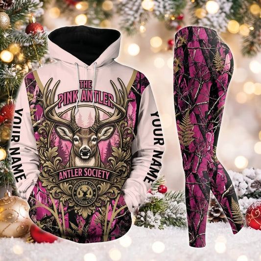 Maxcorners Combo Hunting The Pink Antler Society Buck Deer Outdoor Club Crest Pink Camo Personalized Name 3D Hoodie Leggings Combo Set