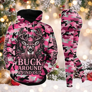 Maxcorners Combo Hunting Buck Around & Find Out Buck Deer Forest Pink Camo Personalized Name 3D Hoodie Leggings Combo Set