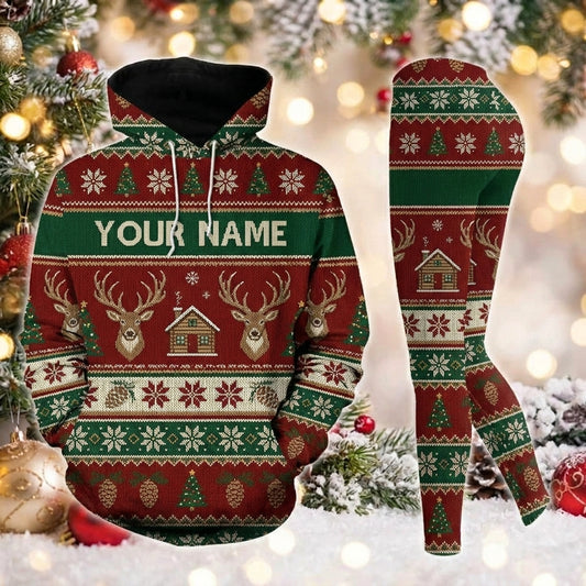 Maxcorners Combo Hunting Red Green Fair Isle Reindeer Cabin Christmas Tree Knitted Ugly Sweater Pattern Personalized Name 3D Hoodie Leggings Combo Set