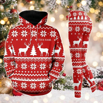 Maxcorners Combo Hunting Red White Fair Isle Reindeer Snowflake Christmas Tree Knitted Ugly Pattern Personalized Name 3D Hoodie Leggings Combo Set