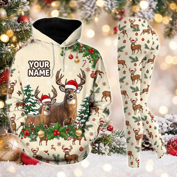 Maxcorners Combo Hunting Cute Christmas Deer Santa Hats Candy Canes Ornaments Personalized Name 3D Hoodie Leggings Combo Set