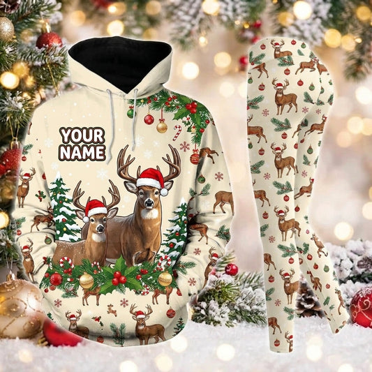 Maxcorners Combo Hunting Cute Christmas Deer Santa Hats Candy Canes Ornaments Personalized Name 3D Hoodie Leggings Combo Set