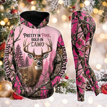 Maxcorners Combo Hunting Pretty In Pink Bold In Camo Buck Deer Pine Forest Pink Camo Personalized Name 3D Hoodie Leggings Combo Set