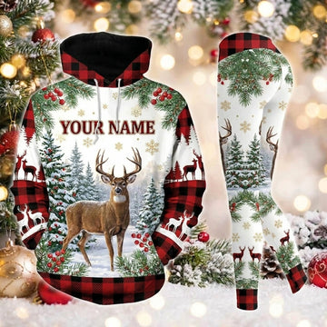 Maxcorners Combo Hunting Winter Snow Forest Red Black Buffalo Plaid Buck Deer Personalized Name 3D Hoodie Leggings Combo Set