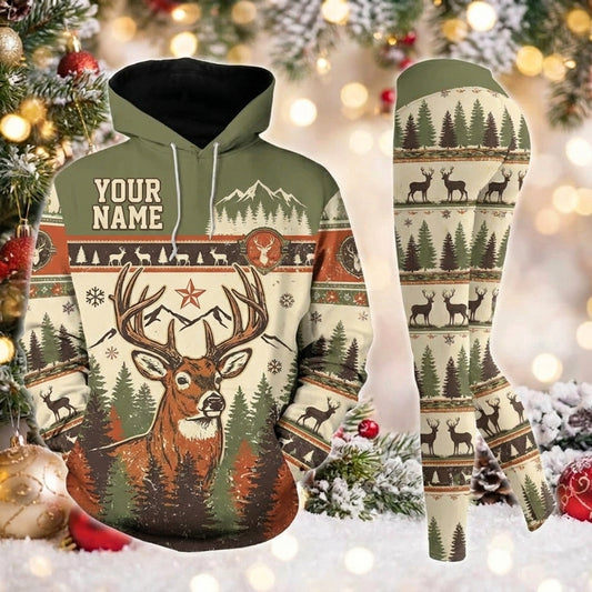 Maxcorners Combo Hunting Vintage Buck Deer Mountains Pine Forest Rustic Christmas Pattern Personalized Name 3D Hoodie Leggings Combo Set