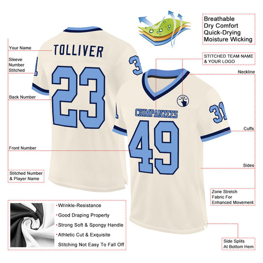 Maxcorners Custom Cream Light Blue-Navy Mesh Authentic Throwback Football Jersey LM2605