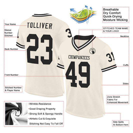 Maxcorners Custom Cream Black-White Mesh Authentic Throwback Football Jersey LM2605