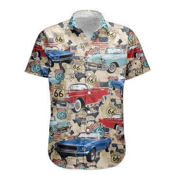 Maxcorners Personalized Vintage Car Hawaiian Shirt "Route 66 and America Map" Custom Photo Car Aloha Shirts