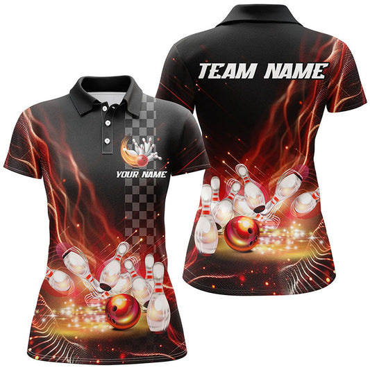 Maxcorners Bowling Polo Shirt Custom Red Light For Men Bowling Ball And Pins Team Bowling Jersey, Gift For Bowlers