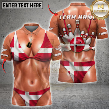 Maxcorners Bowling Denmark Flag Sexy Bikini Body Bowling Pins Personalized Name 3D Unisex Shirt