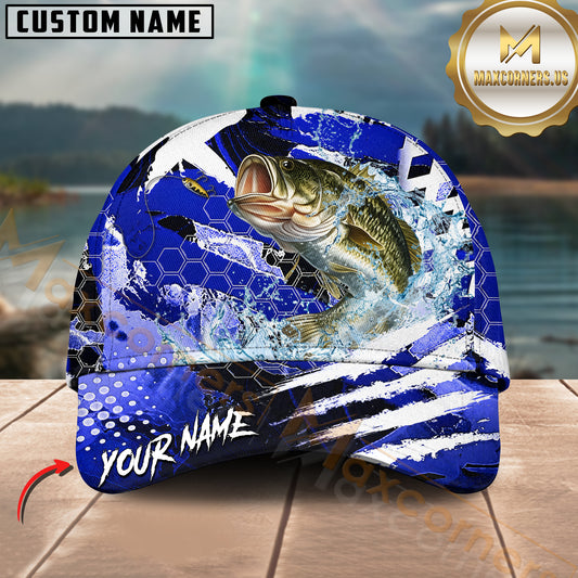 Maxcorners Fishing Blue Geometric Splash Personalized Name 3D Cap (12 Fish Species)
