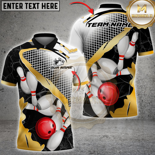 Maxcorners Bowling Bowling Ball And White Pins Blue Geometric Multicolor Customized Name, Team Name 3D Shirts