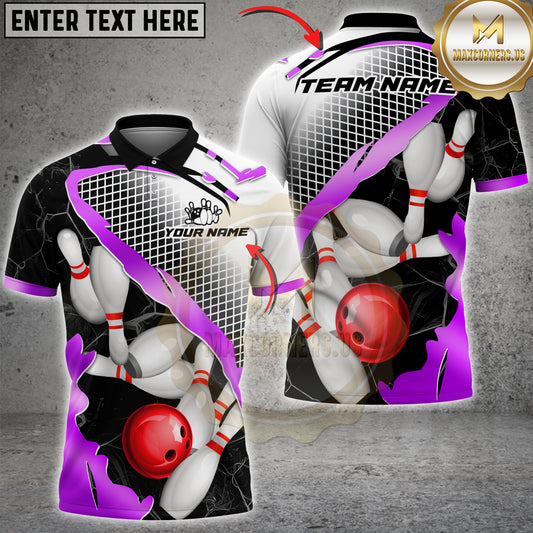 Maxcorners Bowling Bowling Ball And White Pins Blue Geometric Multicolor Customized Name, Team Name 3D Shirts
