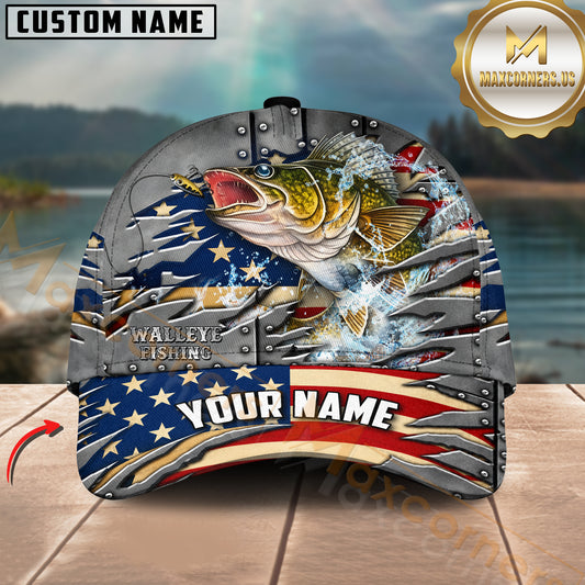 Maxcorners Fishing American Flag & Riveted Metal Pattern Personalized Name 3D Cap
