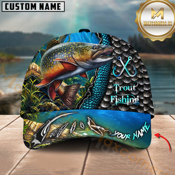 Maxcorners Fishing Underwater Scene & Fish Scale Pattern Personalized Name 3D Cap