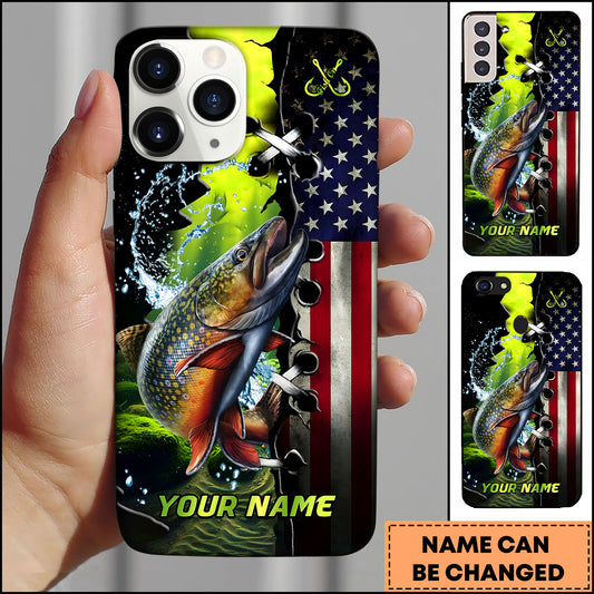 Maxcorners Fishing American Flag And Fishing Hooks Personalized Name 3D Phone Case (13 Fish Species)