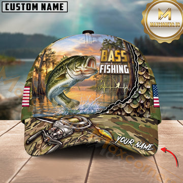 Maxcorners Fishing Bass Jumping, Sunset Nature Landscape Camo Pattern, Fishing Reel Heartbeat Line Customized Name 3D Cap