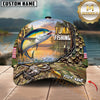 Maxcorners Fishing Bass Jumping, Sunset Nature Landscape Camo Pattern, Fishing Reel Heartbeat Line Customized Name 3D Cap