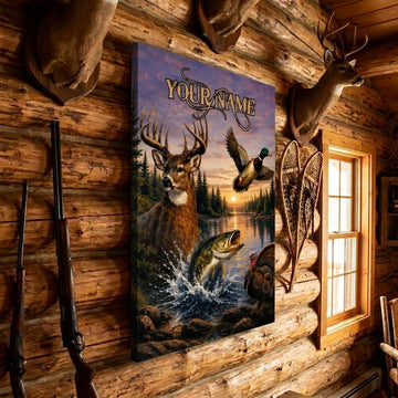 Maxcorners Hunting Deer Duck Bass Turkey Lake Sunset Wildlife Scene Canvas Wall Art