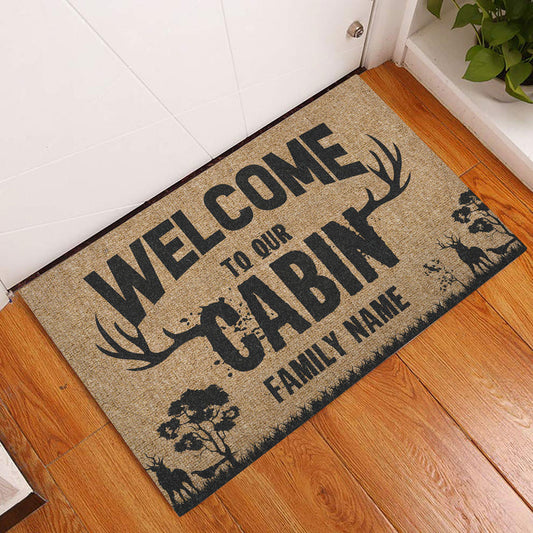 Maxcorners Personalized Hunting Rubber Doormat, Deer Horn Hunting Welcome To Our Cabin Welcome Doormat, Custom Name Indoor Outdoor Door Mat, Home Decor
