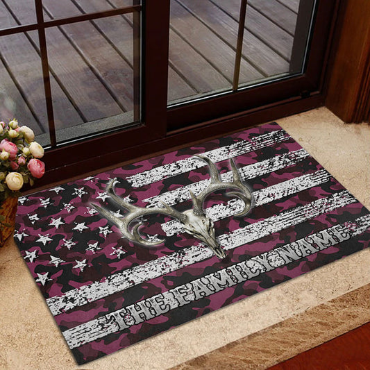 Maxcorners Personalized Hunting Rubber Doormat, Deer Hunting Skull Pink Camo Camouflage Welcome Doormat, Custom Name Indoor Outdoor Door Mat, Home Decor