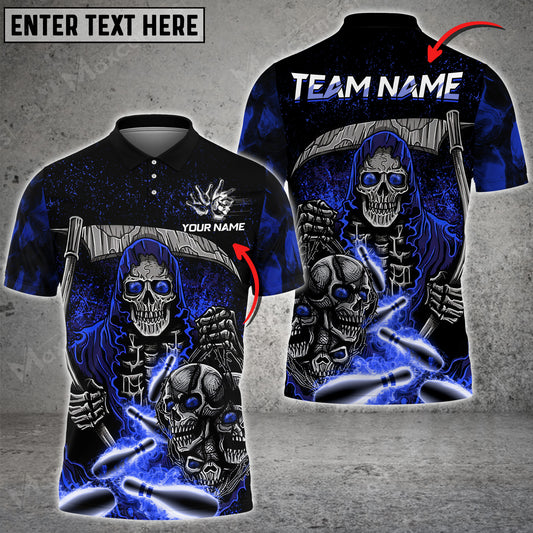 Max Corner Bowling and Pins Reaper Flame Skull Pattern Multicolored Bowling jerseys Custom Name And Team 3D Polo Shirt
